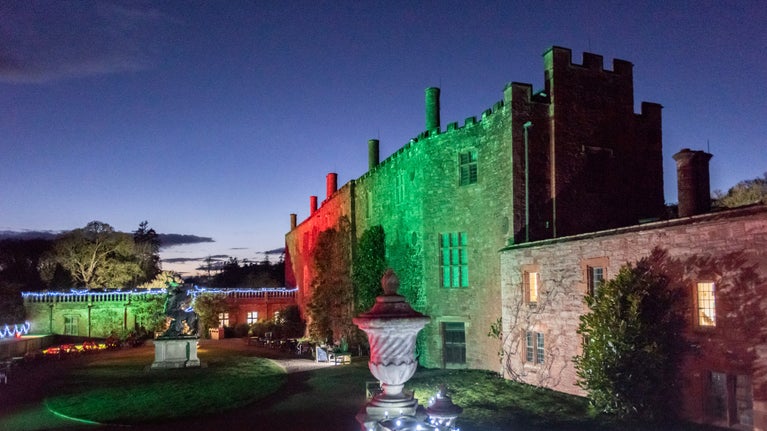Christmas lights in the garden at Powis Castle and Garden, Powys